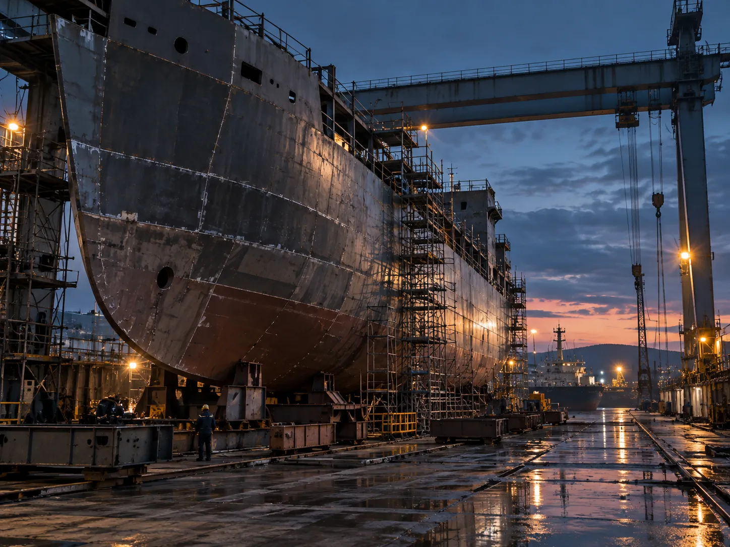 Steel ship hull under construction at a shipyard