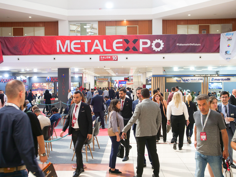 Exhibition stand displaying steel plate and profile products at Metal Expo