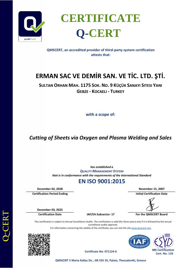 Erman Steel Solutions ISO 9001:2015 certificate, first page