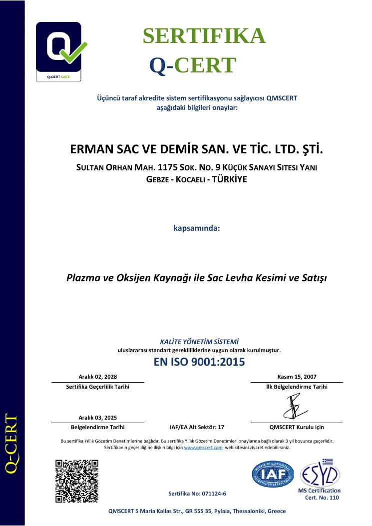 ERMAN Sac ve Demir ISO 9001:2015 belgesi, birinci sayfa